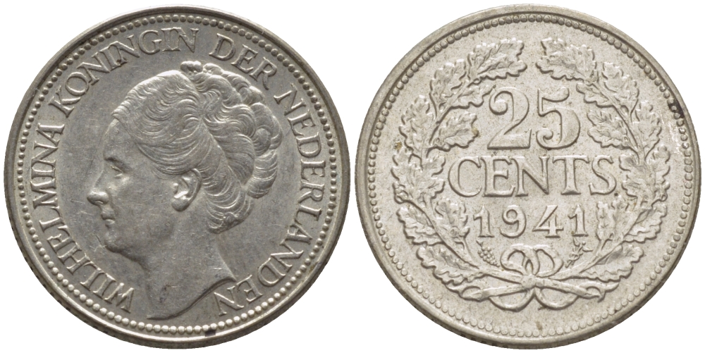 Нидерланды 25 центов 1941 Вильгельмина (1890-1948) KM 164 серебро aUNC 66-1146