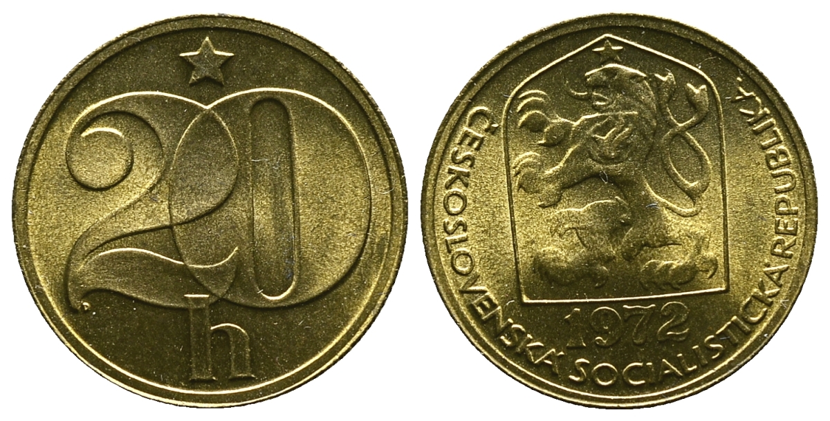 Чехословакия 20 геллеров 1972 KM 74 латунь aUNC 4383-428