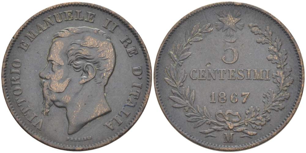 ИТАЛИЯ 5 ЧЕНТЕЗИМО 1867 М, МОНДВОР МИЛАН, ВИКТОР ЭММАНУИЛ II (1861-1878) KM 3.2 медь 4525-124