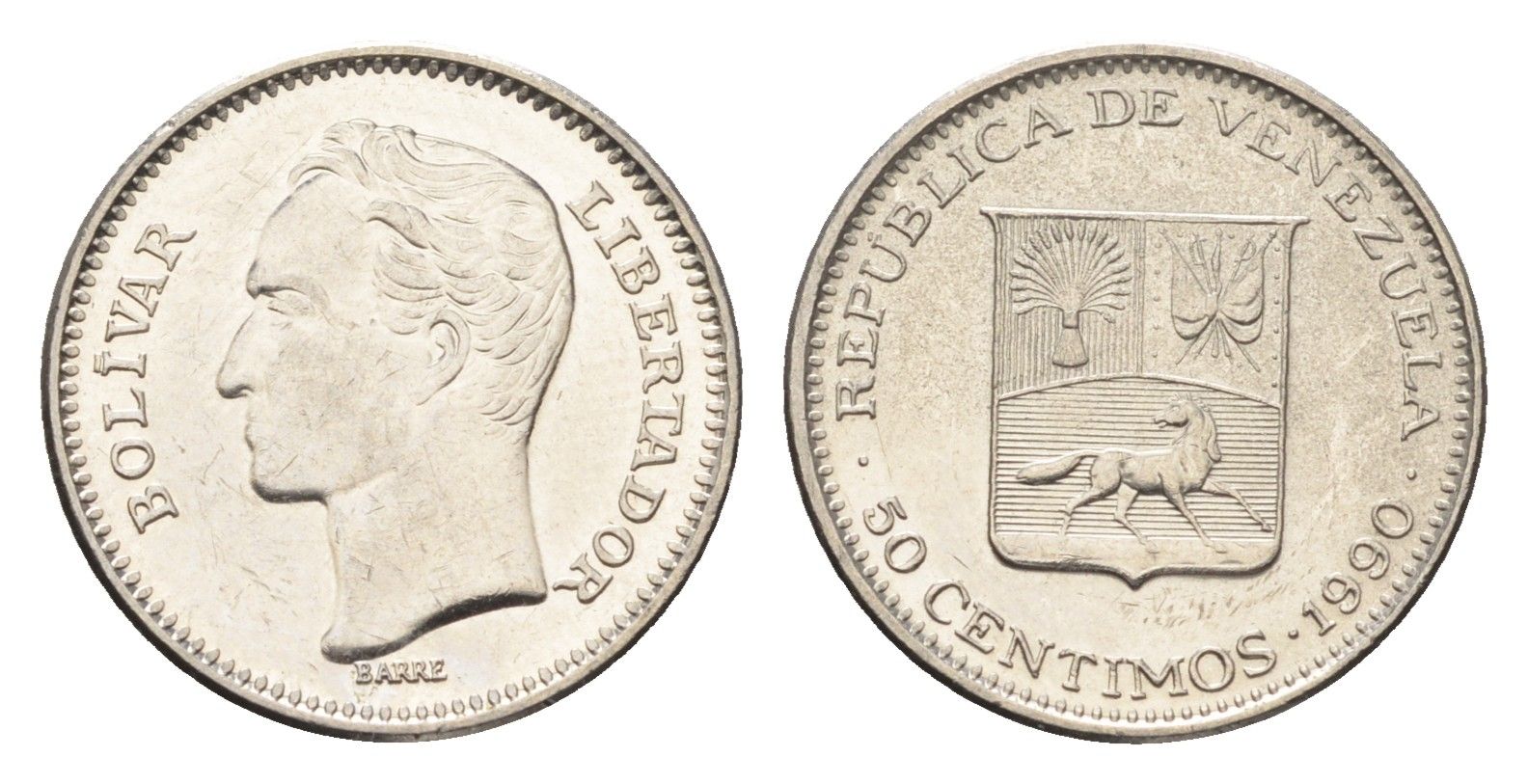 Венесуэла 50 сентимо 1990 Симон Боливар Y 41a сталь плакированная никелем aUNC 4664-657