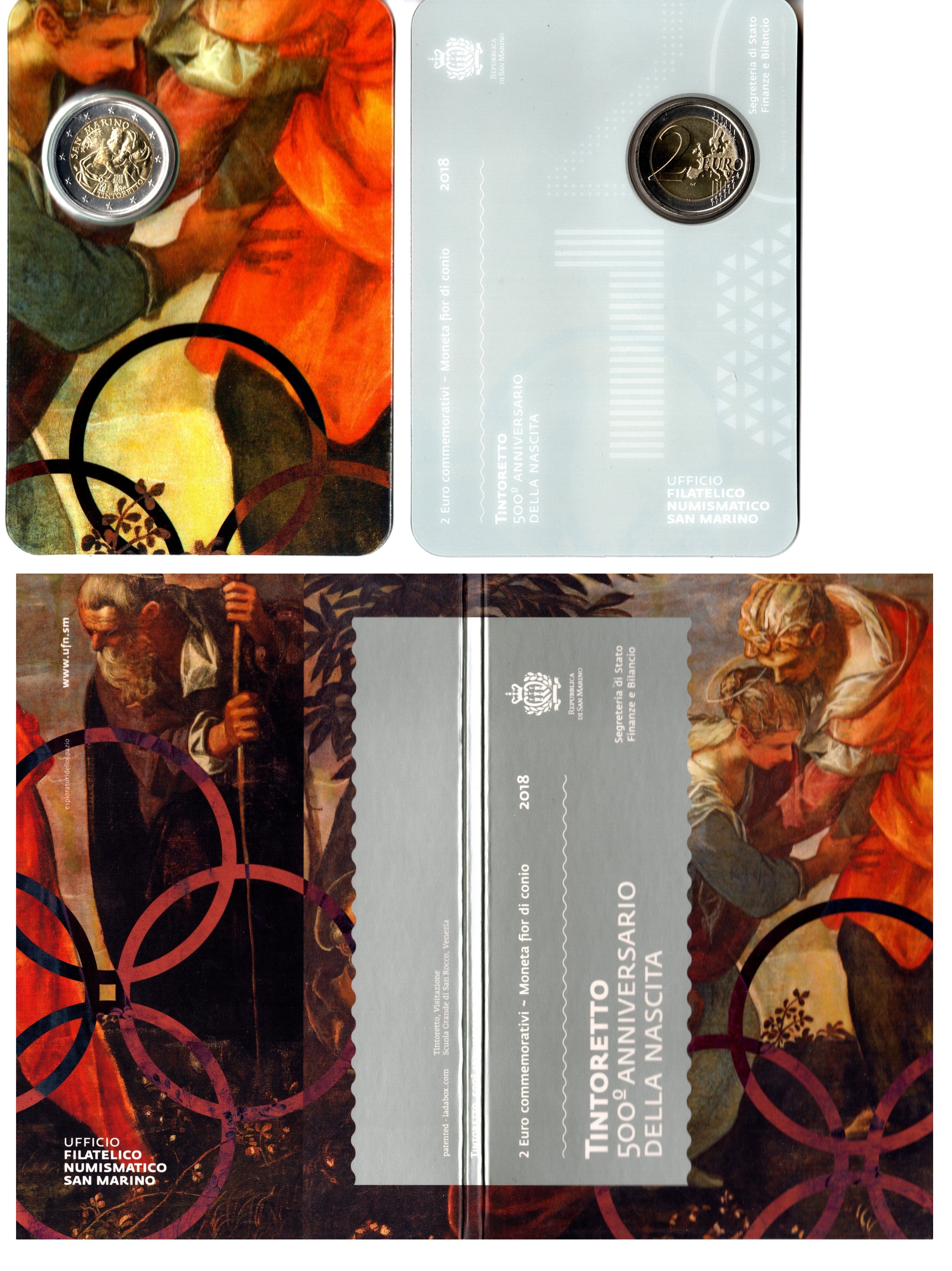 Сан-Марино 2 евро 2018 500 лет со дня рождения Тинторетто, в оригинальном буклете KM 572 биметалл UNC 8-2-01-22