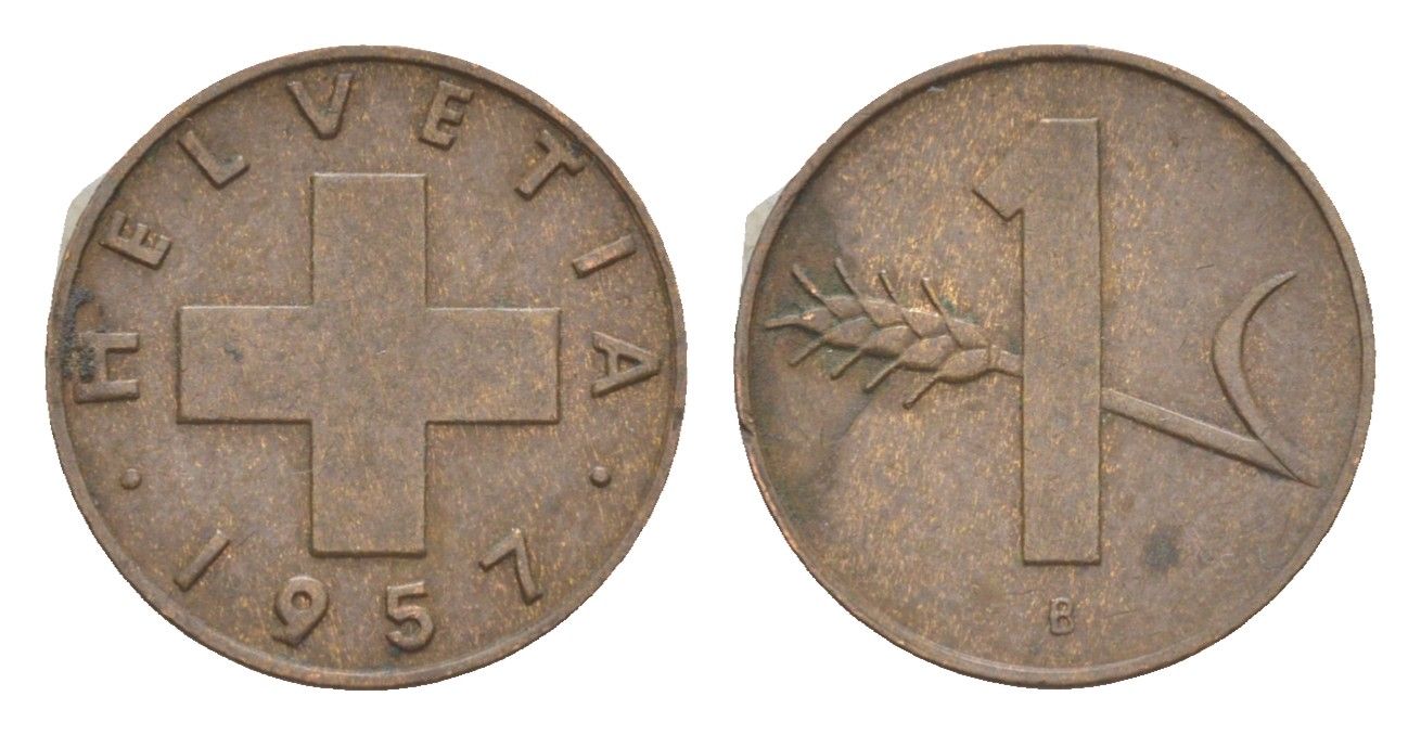 Швейцария 1 раппен 1957 B KM 46 бронза 3458-628