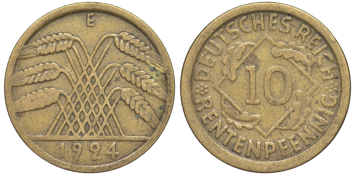 Германия 10 рентенпфеннигов 1924 E KM 33, J. 309 алюминиевая бронза 4604-645