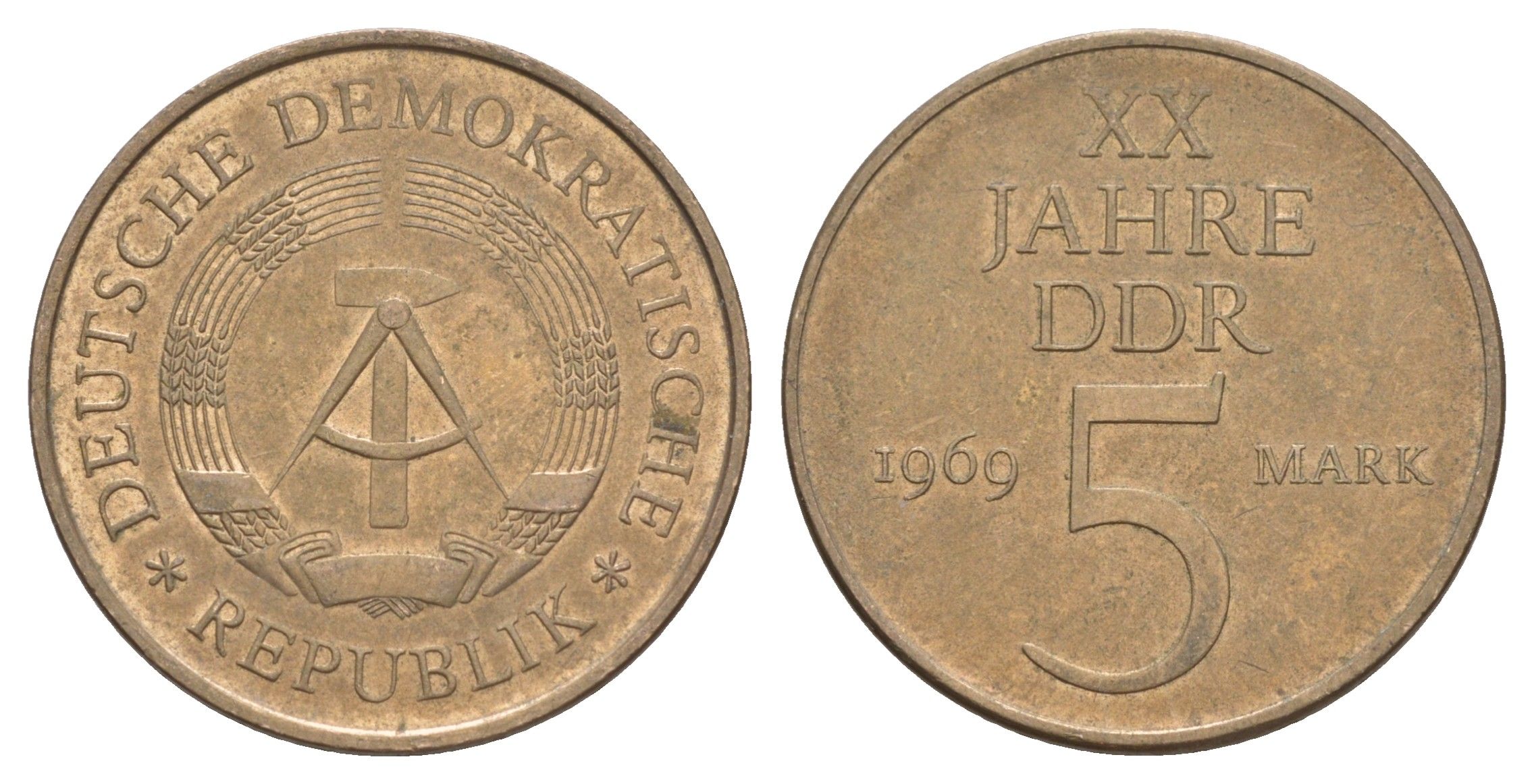 ГДР 5 марок 1969 А, 20 лет ГДР KM 22 никель бронза 4650-741