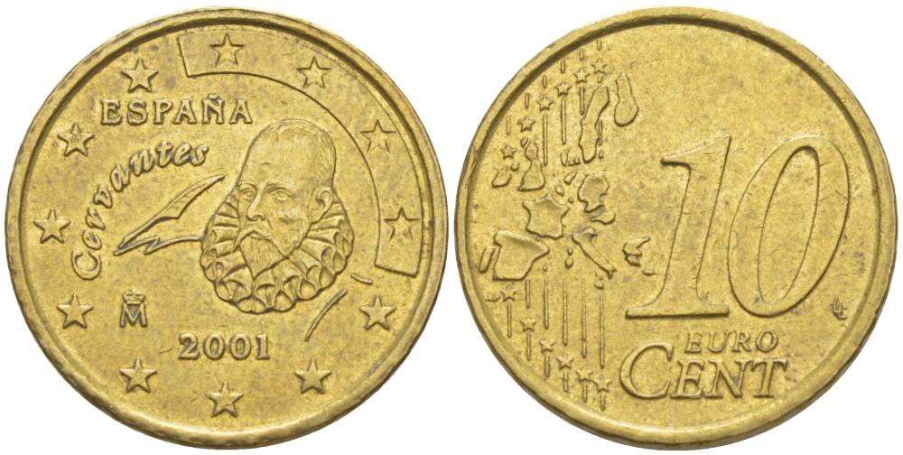 ИСПАНИЯ 10 ЕВРОЦЕНТОВ 2001 ХУАН КАРЛОС I (1975-) KM 1043 латунь 4544-235