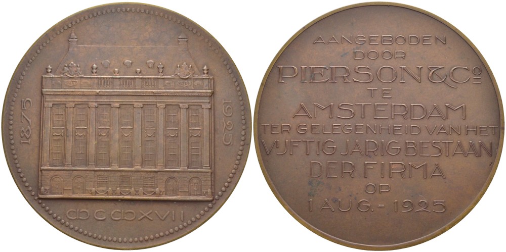 Нидерланды медаль 1925 1 августа 1925 года, 50 лет фирме Pierson & Co, Амстердам, диаметр 60 мм.  бронза    1089-3-43