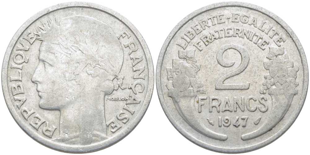 Франция 2 франка 1947 KM 886a.1, LE FRANC 269.10 алюминий 109-1226