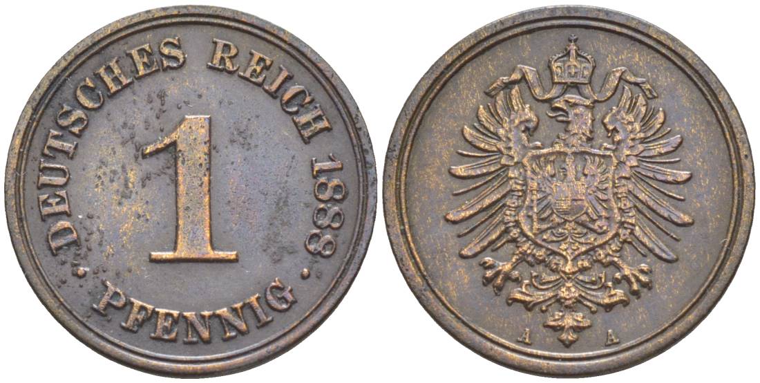 ГЕРМАНИЯ 1 ПФЕННИГ 1888 А, СТАРОГЕРБОВКА KM 1, Jager. 1, Weege 1 медь 4528-1067