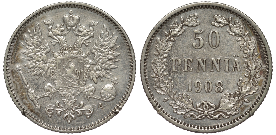 Россия для Финляндии 50 пенни 1908 L, Николай II (1894-1917) КМ 2.2, Биткин 403 серебро 75-841