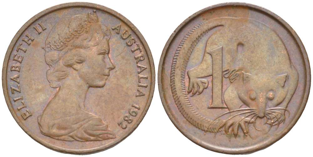 АВСТРАЛИЯ 1 ЦЕНТ 1982 ЕЛИЗАВЕТА II (1952-) МОЛОДОЙ ПОРТРЕТ, ОПОССУМ KM 62 бронза 4516-641