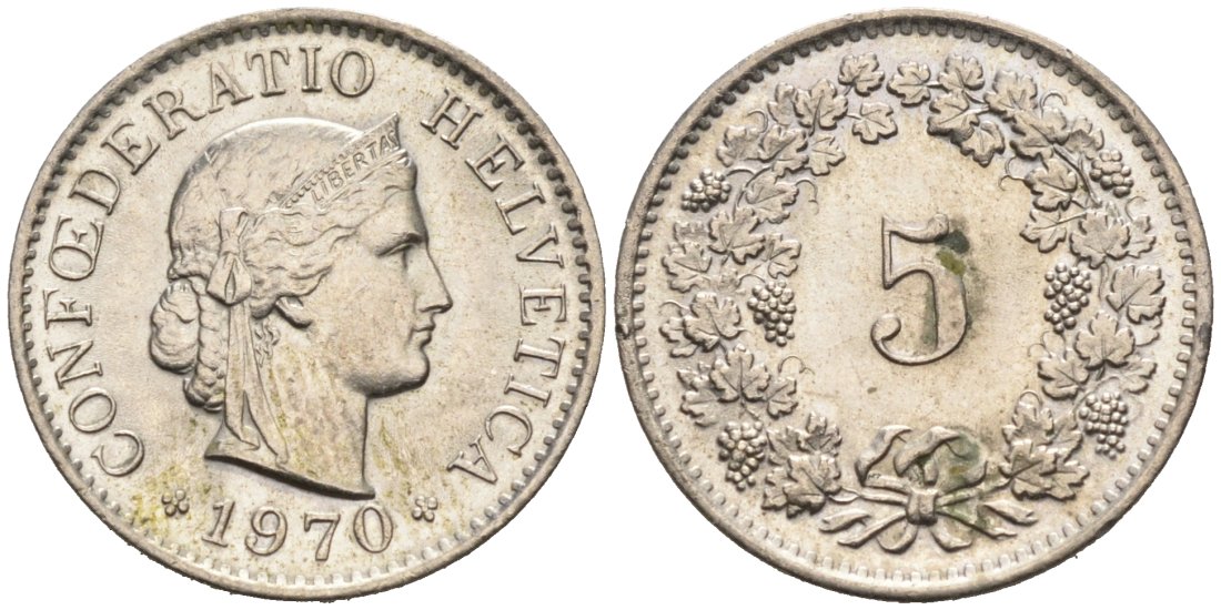 Швейцария 5 раппенов 1970 КМ 26 медно-никель 4567-535