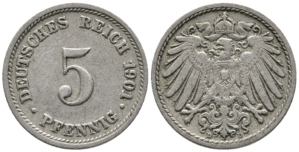 ГЕРМАНИЯ 5 ПФЕННИГОВ 1901 D KM 11, J. 12 медно-никель 39-749