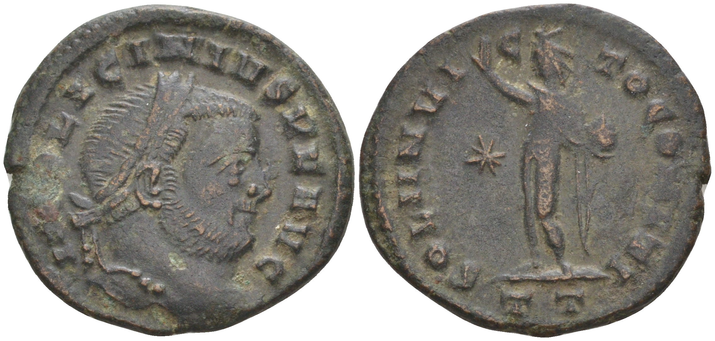 Римская Империя нуммий 313 - 314 Лициний I, бюст императора, IMP LICINIVS P F AVG / бог Соль, SOLI INVICTO COMITI TT, Тицин (степень редкости - R5, из немецкой коллекции 1-й половины XX века, с владельческим конвертом) RIC 12 биллон 1073-15-95