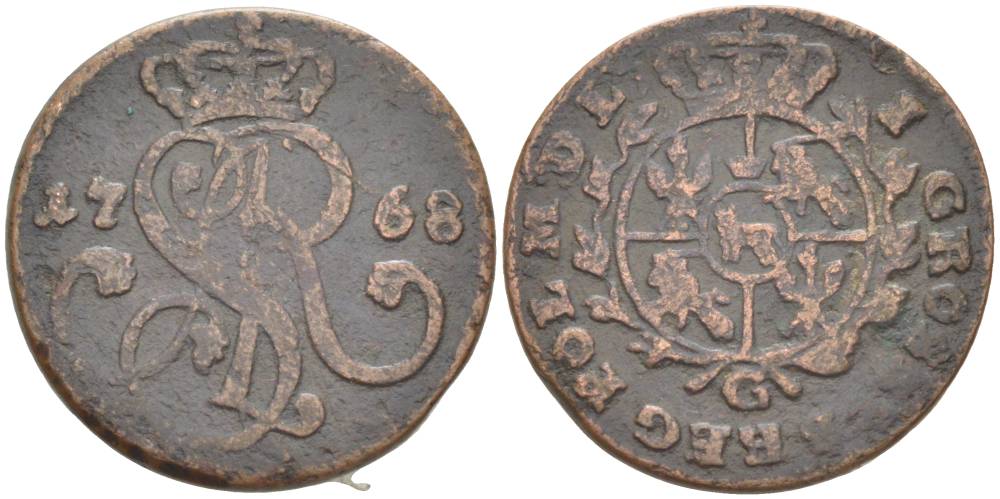 Польша 1 грош 1768 G, Станислав Август Понятовский (1764-1794), вес 4,19 гр. KM 177 (C38), Gumowski 2342 медь 1517-831