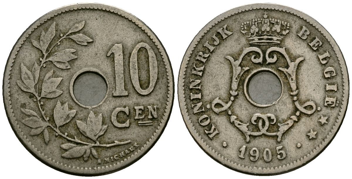 Бельгия 10 сантимов 1905 Belgie KM 53 медно-никель 4135-915