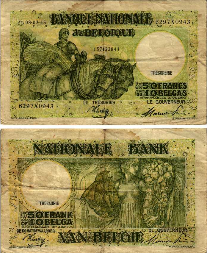 Бельгия 50 франков = 10 бельгас 1945 3 ФЕВРАЛЯ 1945 Pick 106 бумага 7183-33-3-1