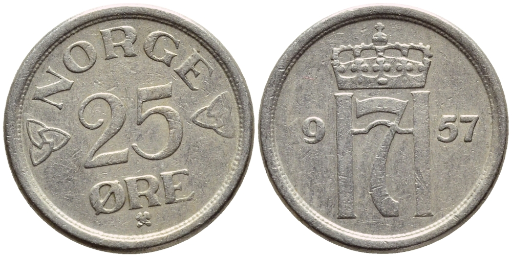 НОРВЕГИЯ 25 ЭРЕ 1957 KM 401 медно-никель 4396-422