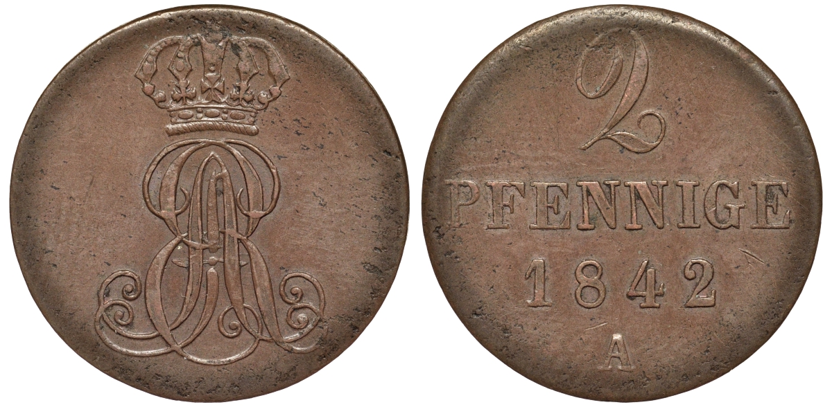 Ганновер 2 пфеннига 1842 A, Эрнст Август (1837-1851) KM 174.1, AKS 122, J. 55 медь 75-1722