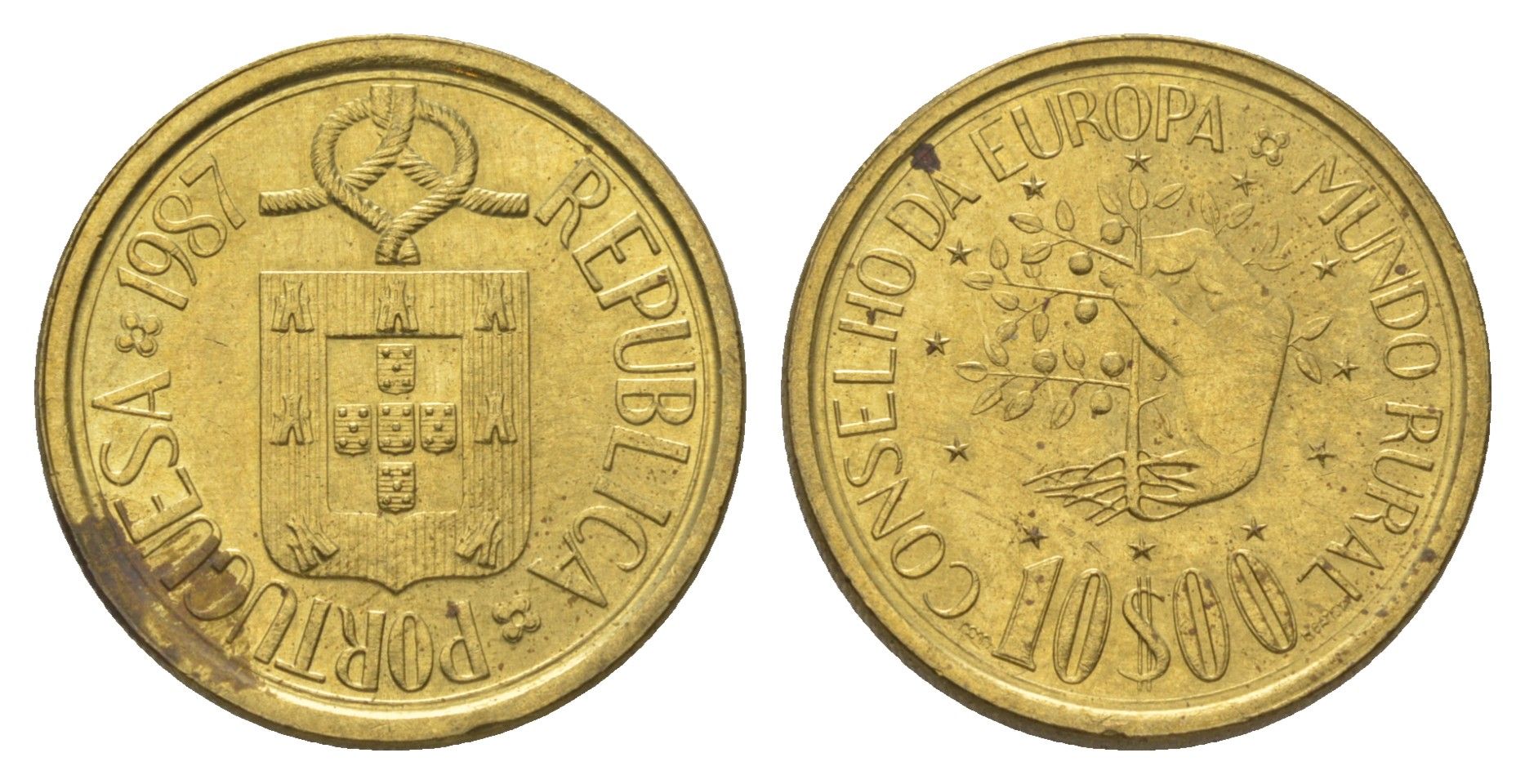 Португалия 10 эскудо 1987 Совет Европы - Программа «Сельский мир» KM 638 никель латунь aUNC 4626-334