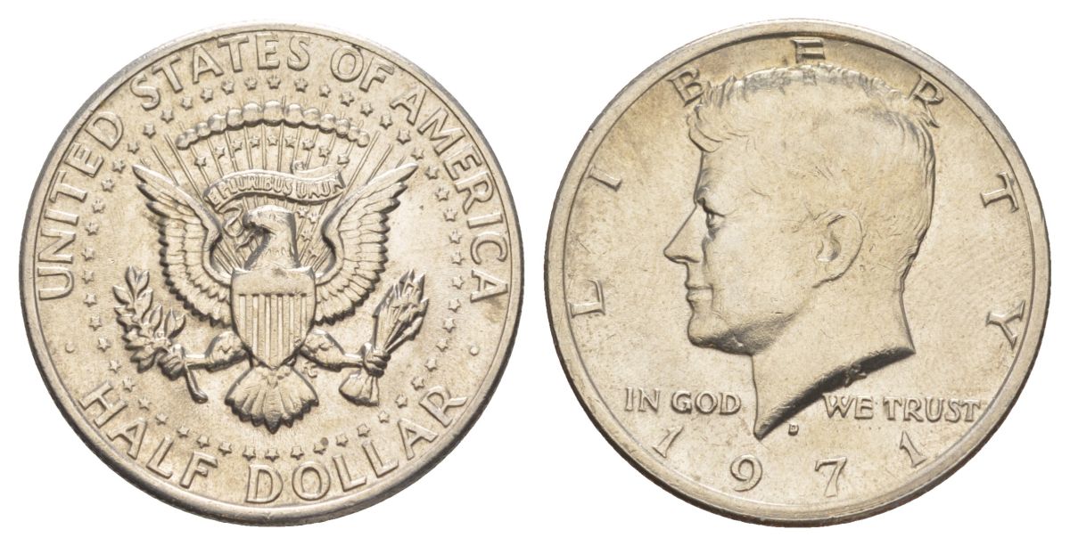 США 1/2 доллара (50 центов) 1971 D, Джон Кеннеди KM 202b медь плакированная медно-никелем aUNC 109-636