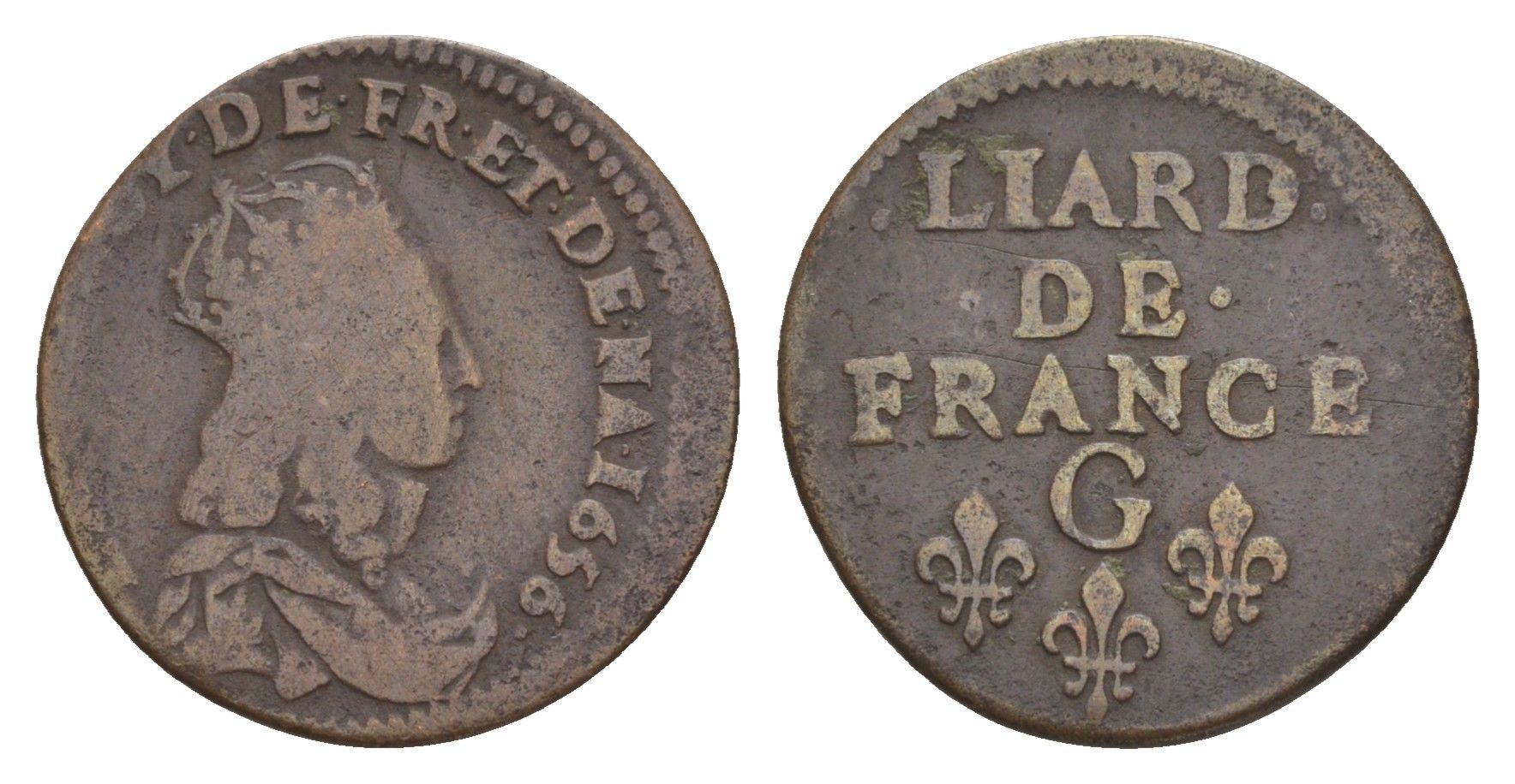 Франция 1 лиард 1656 G, Людовик XIV (1638-1715) KM 192 медь 1519-233