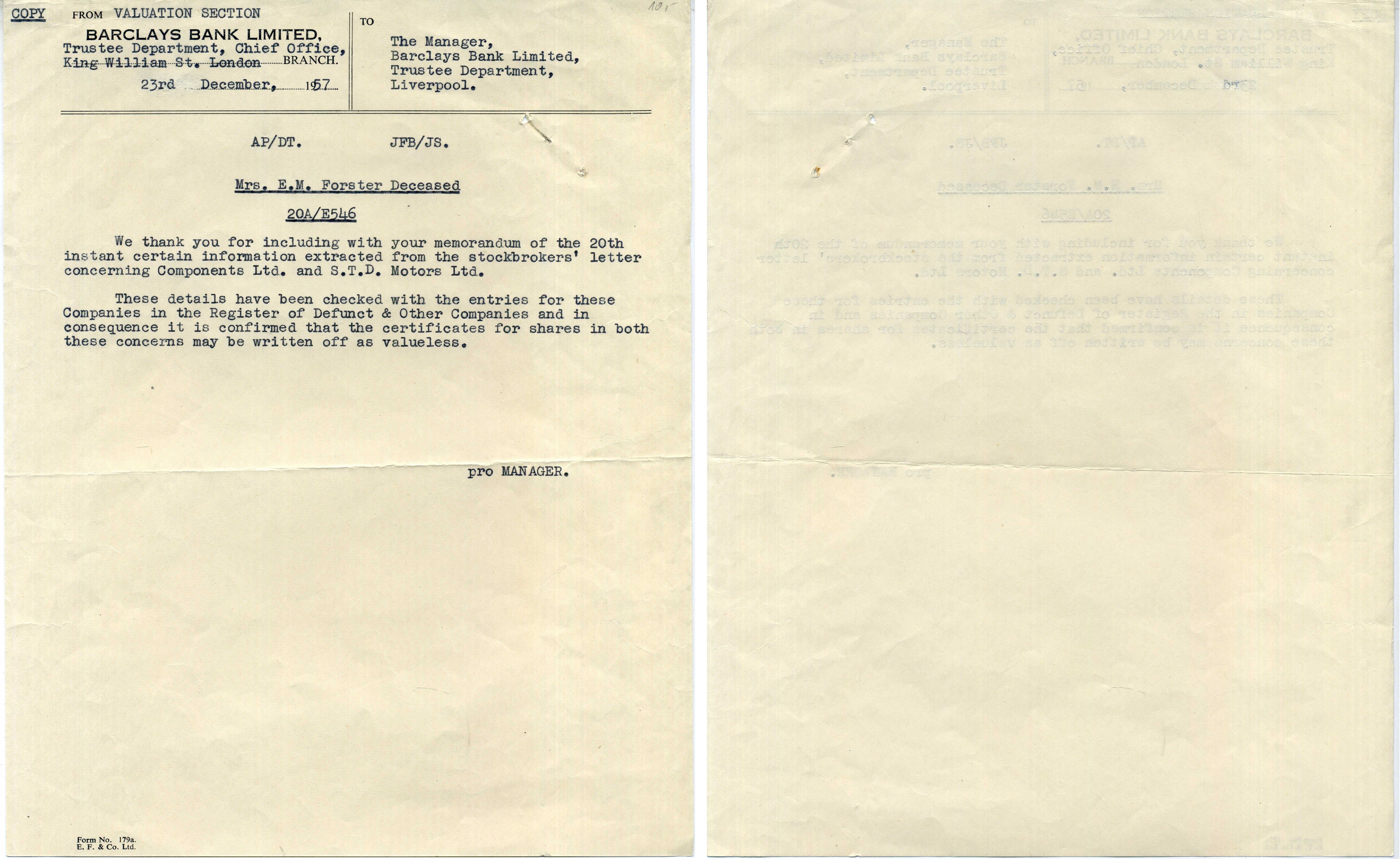 Великобритания письмо из Английского банка Barclays 1957 8805-11-1