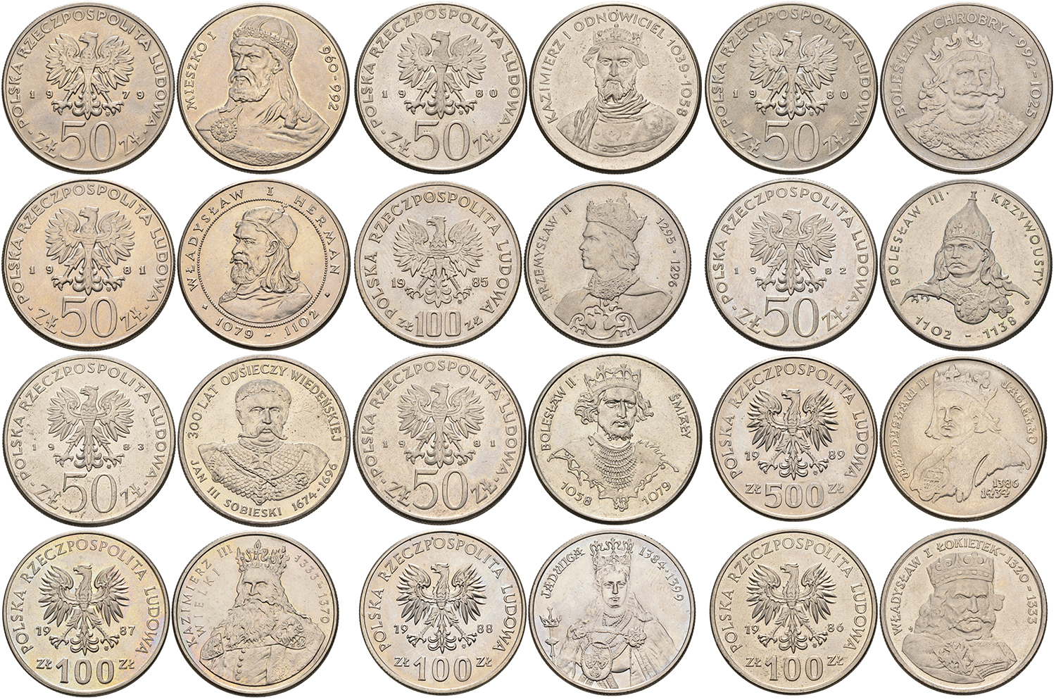 Польша лот из 12 монет, номиналом 50, 100 и 500 злотых 1979-1989 Польские короли  медно-никель  UNC  8-1-03-02