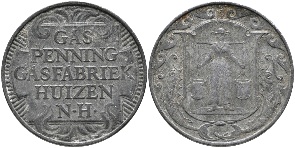 НИДЕРЛАНДЫ ЖЕТОН ND ХЁЙЗЕН ГАЗ ПФЕННИГ, ГАЗОВАЯ ФАБРИКА HUIZEN N.H., ДИАМЕТР 23,5 ММ. цинк 65-1054