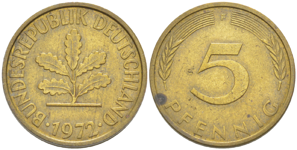 ФРГ 5 ПФЕННИГОВ 1972 F KM 107, J. 382 сталь плакированная латунью 4181-934