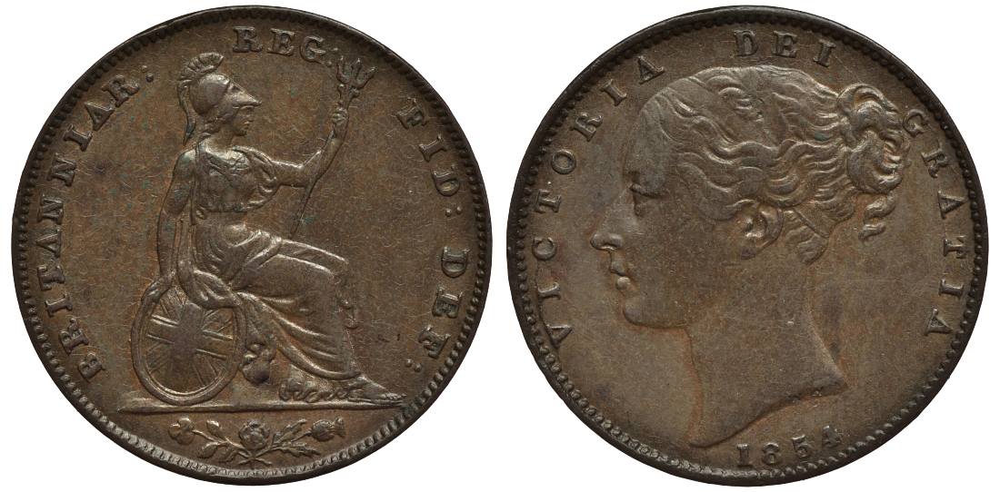 Великобритания 1 фартинг 1854 Виктория (1837-1901) KM 725, Spink 3950 медь 1523-1012