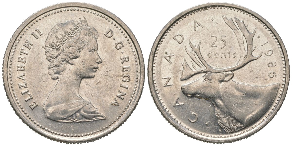 Канада 25 центов 1986 Елизавета II (1952-2022), олень KM 74 никель 190-654