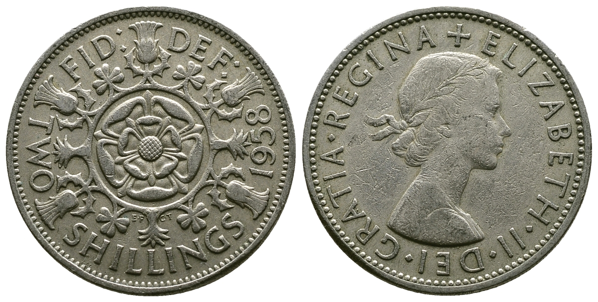 Великобритания 2 шиллинга (флорин) 1958 Елизавета II (1952-2022) KM 906, Spink 4146 медно-никель 4382-141