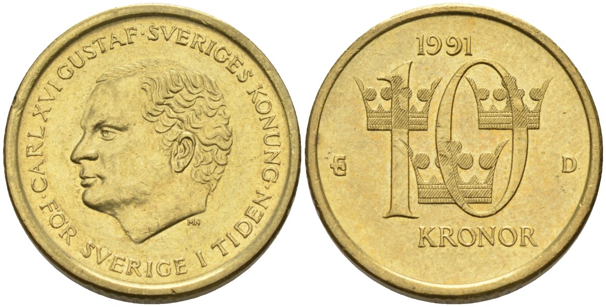 Швеция 10 крон 1991 Карл XVI Густав (1973- ) KM 877 нордик 4563-151