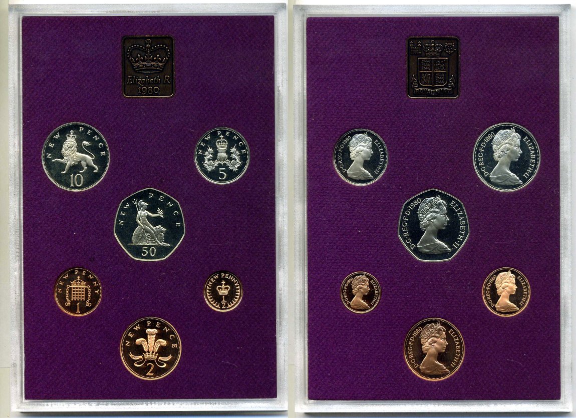 Великобритания официальный набор из 6 монет 1980 в пластике, с сертификатом, в оригинальной картонной коробке Spink PS30 PROOF 7-5-6-11