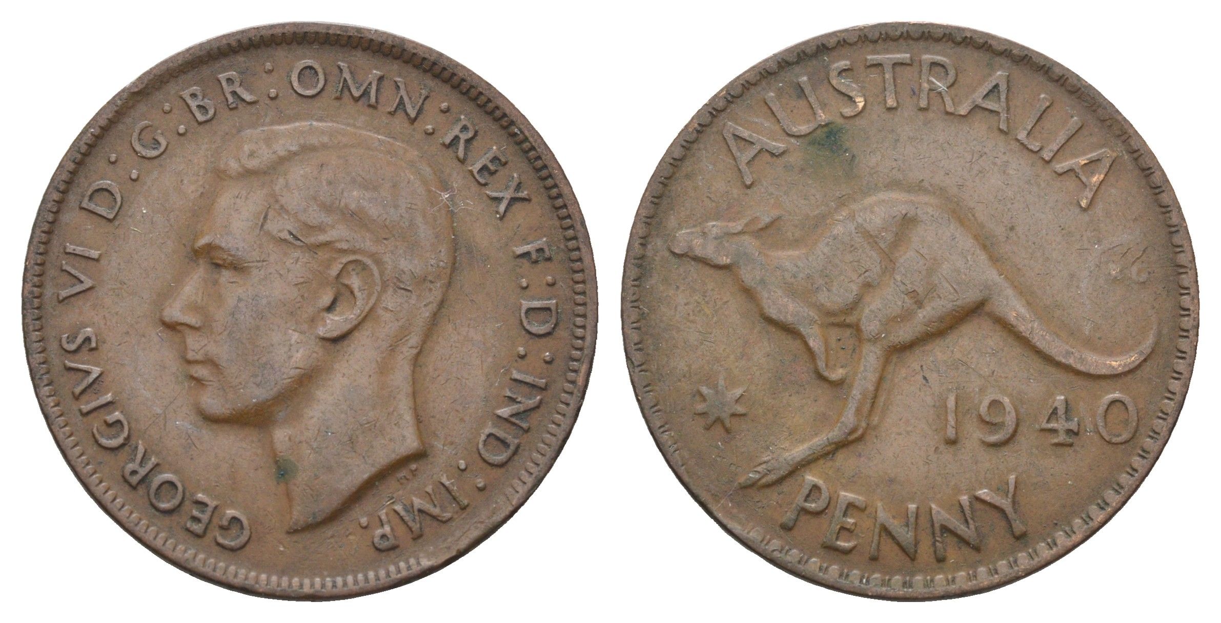 Австралия 1 пенни 1940 KG, Георг VI (1936-1952), кенгуру KM 36 бронза 4661-326