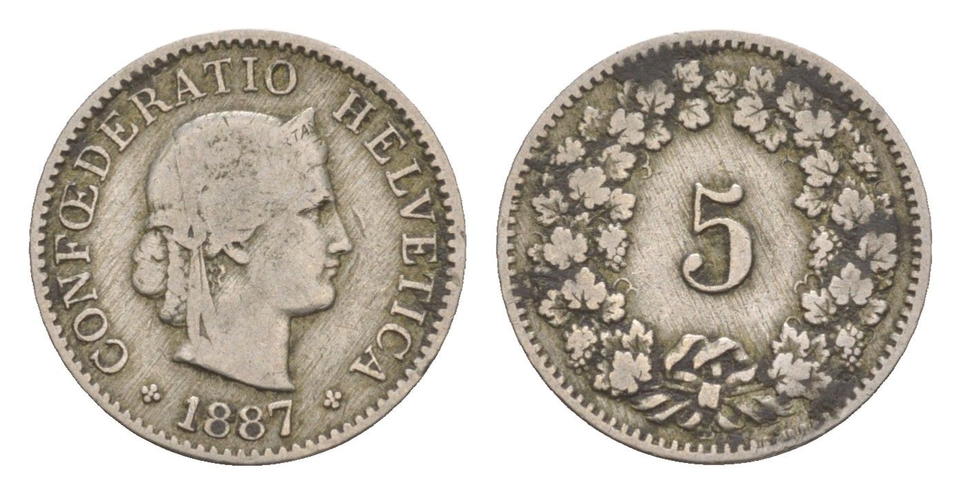 Швейцария 5 раппенов 1887 B, редкий год KM 26 медно-никель 4655-253