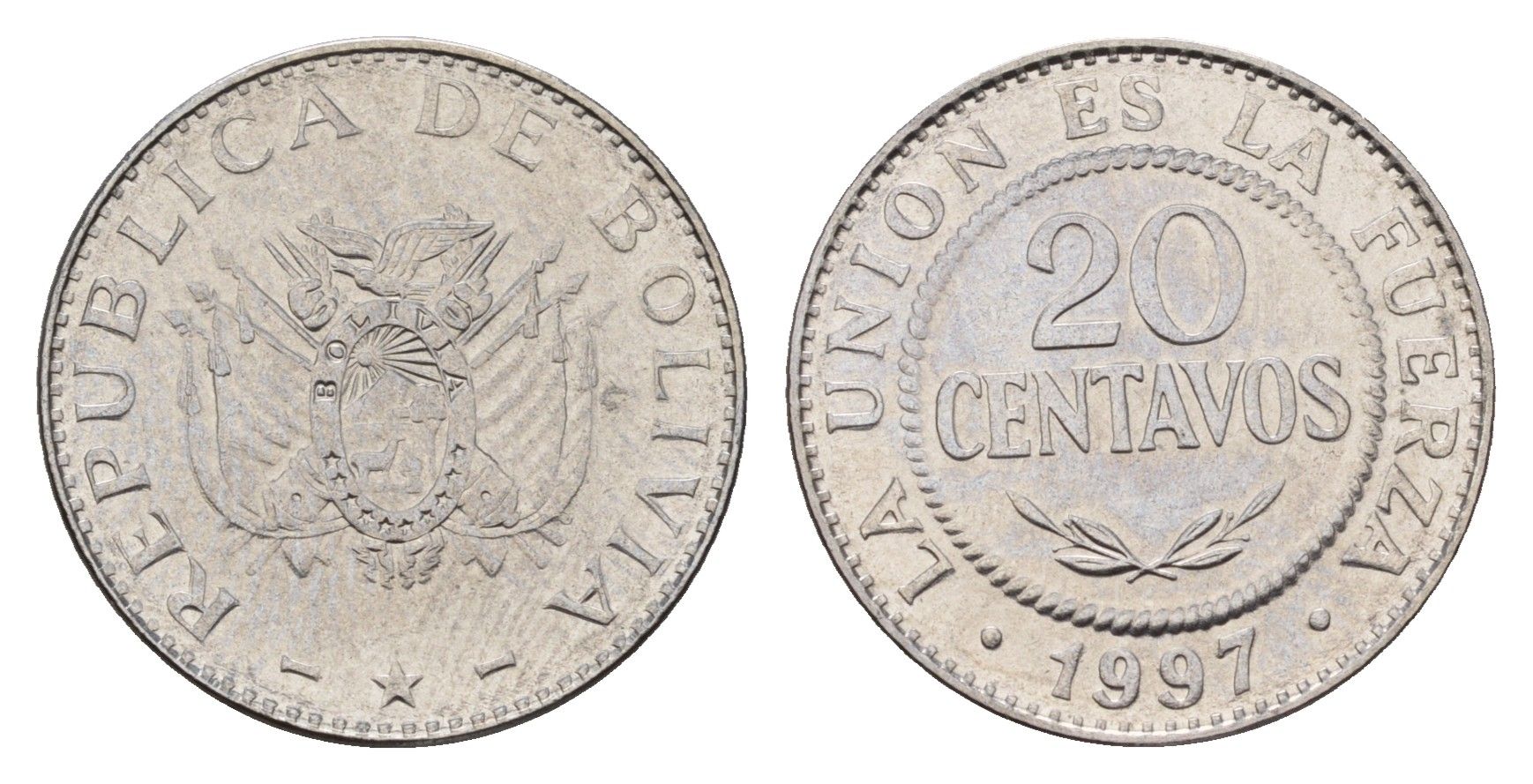 Боливия 20 сентаво 1997 KM 203 нержавеющая сталь UNC 181-212