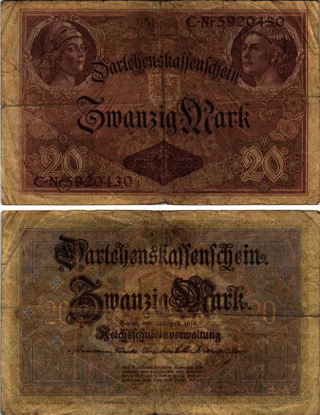 ГЕРМАНИЯ 20 МАРОК 1914 5 АВГУСТА 1914, СЕМЬ ЦИФР В НОМЕРЕ Pick 48b бумага 7183-60-2-1