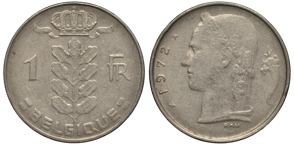 Бельгия 1 франк 1972 Belgique, Бодуэн I (1951-1993) KM 142.1 медно-никель 4182-223