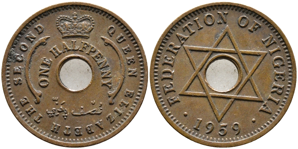 Нигерия 1/2 пенни 1959 Елизавета II (1952-), Британский протекторат KM 1 бронза 4387-358