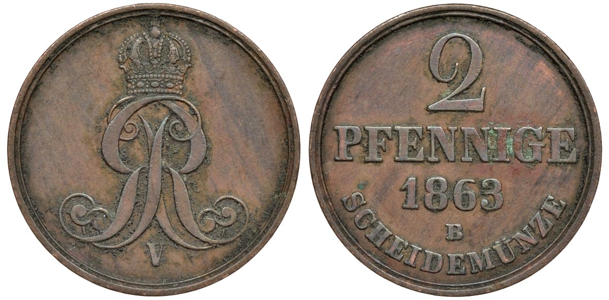Брауншвейг-Каленберг-Ганновер 2 пфеннига 1863 B, Георг V (1851-1866) KM 234,aKS 153, J. 91 медь 4142-335