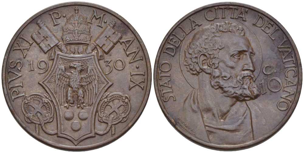ВАТИКАН 10 ЧЕНТЕЗИМО 1930 ГОД IX, ПАПА ПИЙ XI (1922-1939), СВЯТОЙ ПЕТР KM 2 бронза XF+ 3896-1611