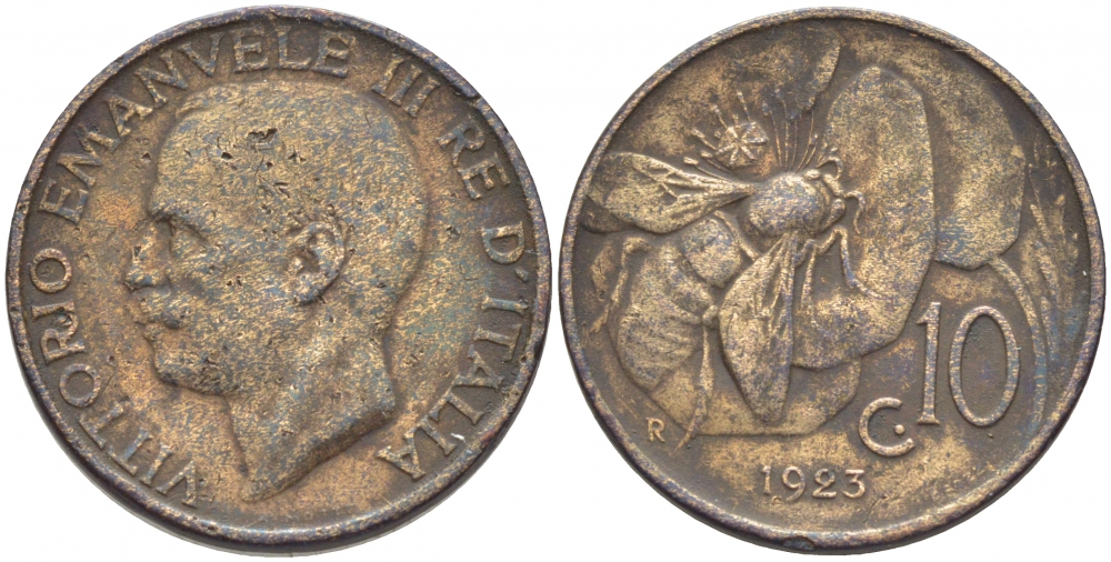 ИТАЛИЯ 10 ЧЕНТЕЗИМО 1923 R, ВИКТОРИО ЭМАНУИЛ, ПЧЕЛА KM 60 медь 4448-215