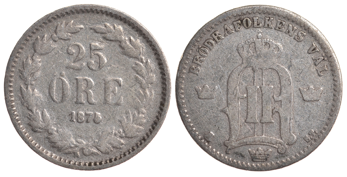 Швеция 25 эре 1875 ST, Оскар II (1872-1907) король Швеции и Норвегии KM 738 серебро 4179-813