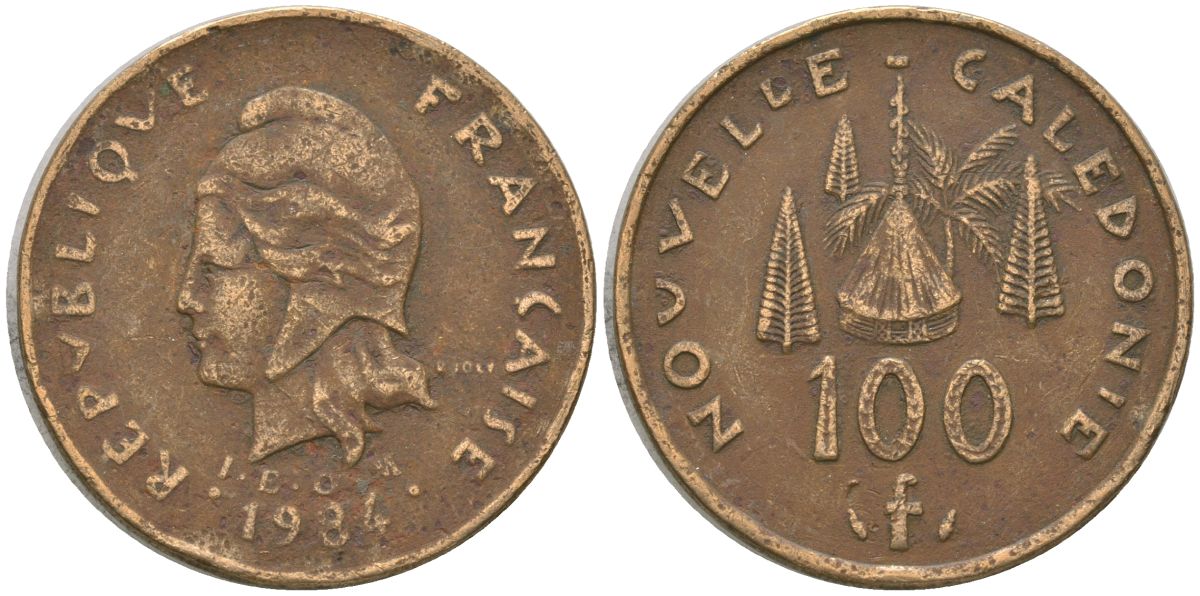 Французская Новая Каледония 100 франков 1984 хижина среди сосен и пальм, (IEOM) KM 15, Schoen 16, Lec 134 никель латунь 4137-743