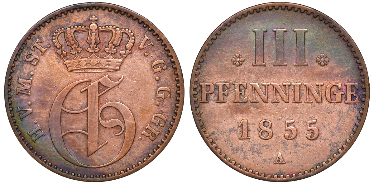 Мекленбург-Стрелиц 3 пфеннига 1855 А, Фридрих Франц II (1842-1883) AKS 68, J. 116, KM 90 (С42а) медь 4525-515