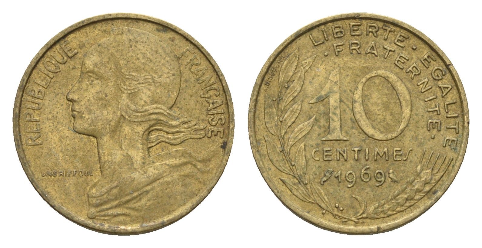 Франция 10 сантимов 1969 KM 929 алюминиевая бронза 4674-563