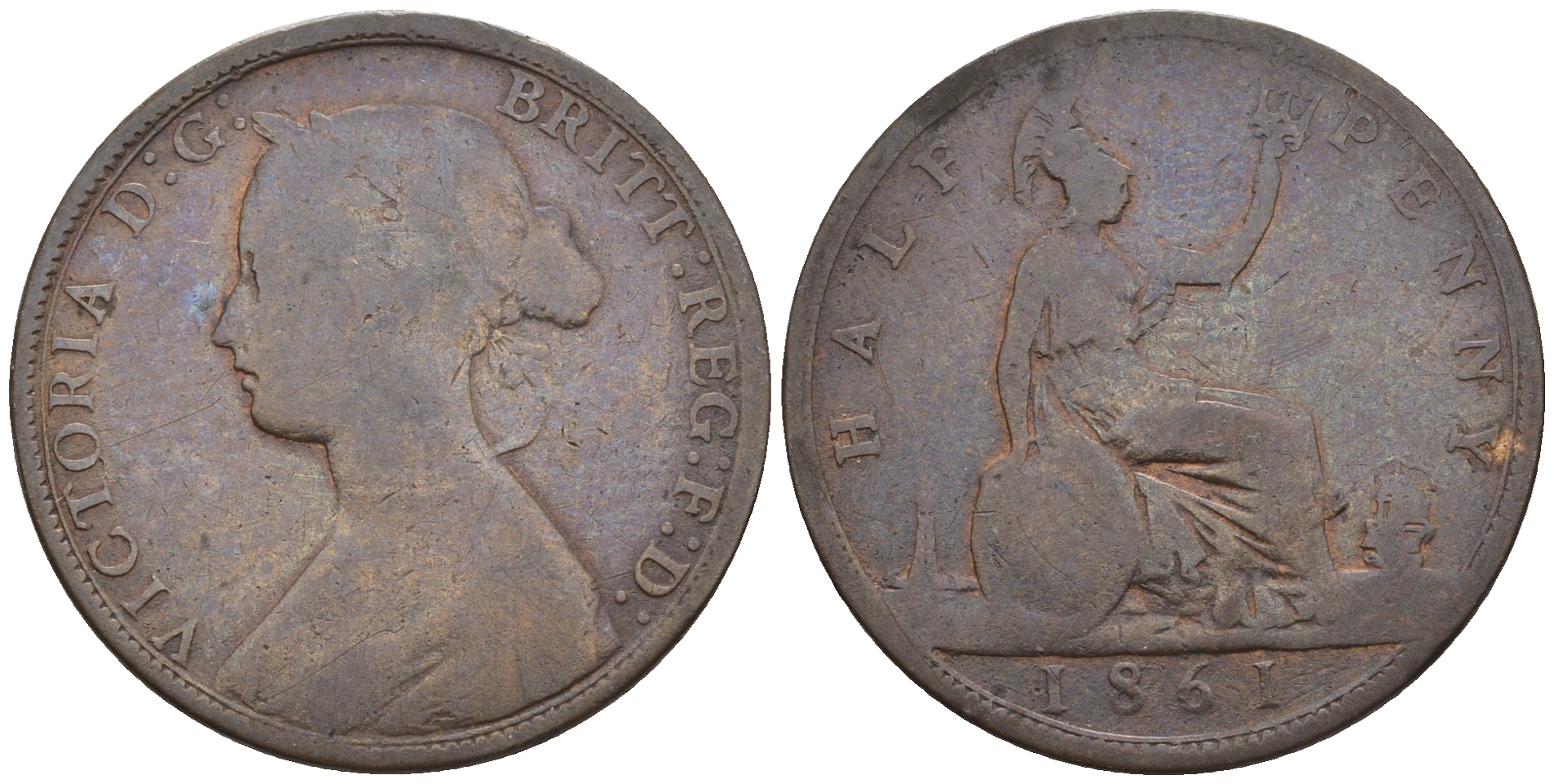 Великобритания 1/2 пенни 1861 Виктория (1837-1901) KM 748.2, Spink 3956 бронза 4610-635