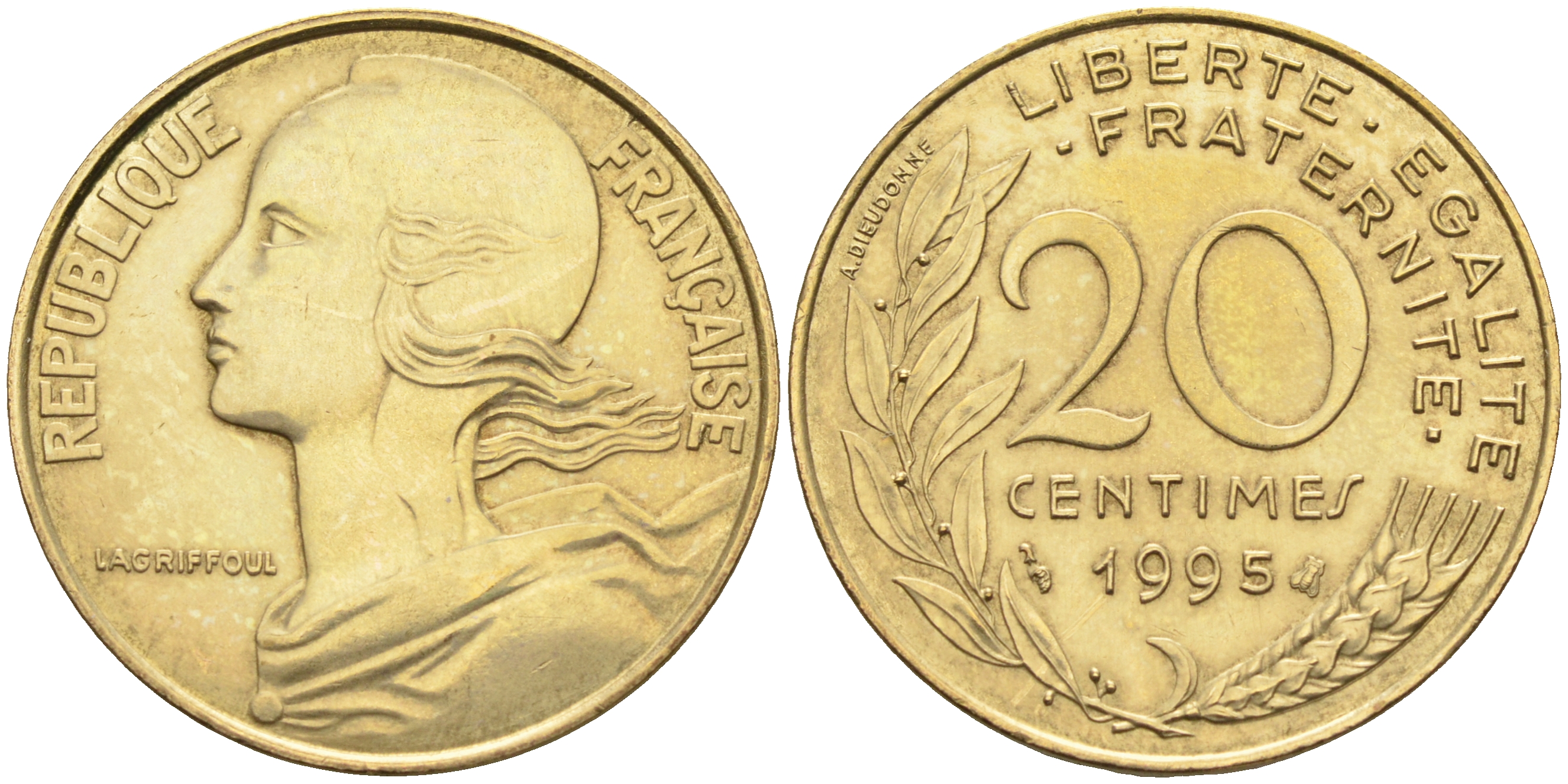 Франция 20 сантимов 1995 тип Marianne KM 930, Le Franc 156.39 медь алюминий никель    4177-141