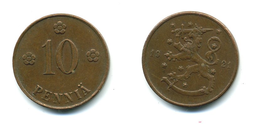 Финляндия 10 пенни 1921 республика (1918-1962) KM 24 медь 46-169